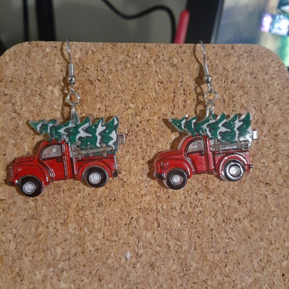 Christmas Truck hauling a little tree very cute lightwieght holiday earrings